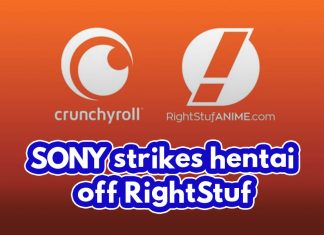 Right Stuf absorbed by Crunchyroll (SONY) Cover for a blog article with the text, "SONY strikes hentai off RightStuf"