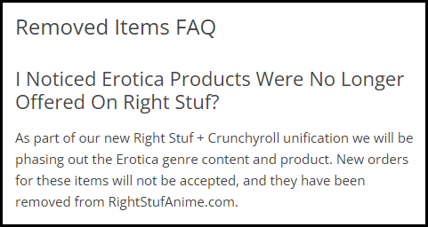 A screenshot from RightStf FAQ explaining why erotica products are no longer available on RightStuf.