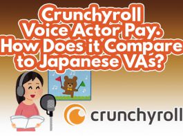 A cover image for the blog titled, "Crunchyroll Voice Actor Pay. How Does it Compare to Japanese VAs?" featuring a illustration of voice actor and the logo of Crunchyroll.