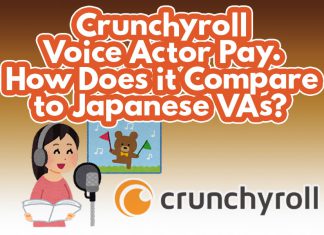 Voice Actor Pay in the US and in Japan A cover image for the blog titled, "Crunchyroll Voice Actor Pay. How Does it Compare to Japanese VAs?" featuring a illustration of voice actor and the logo of Crunchyroll.