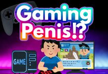 Gaming Penis!? A person playing a video game on their computer with a colorful text, "Gaming Penis!?"