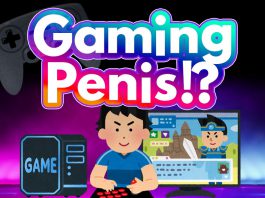 A person playing a video game on their computer with a colorful text, "Gaming Penis!?"