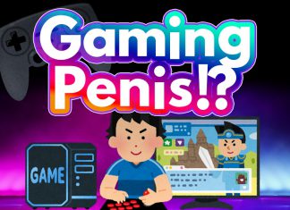 Gaming Penis!? A person playing a video game on their computer with a colorful text, "Gaming Penis!?"