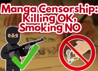 Smoking Censorship in Manga A cover for the blog article with the text, "Manga Censorship: Kiling OK, Smoking No"