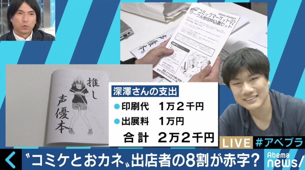 A screenshot from Abema News detailing the Comiket experience of a participant named Fukazawa.